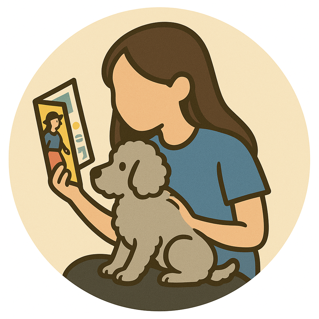 Illustrated portrait of Situ Chen with her dog Tedo