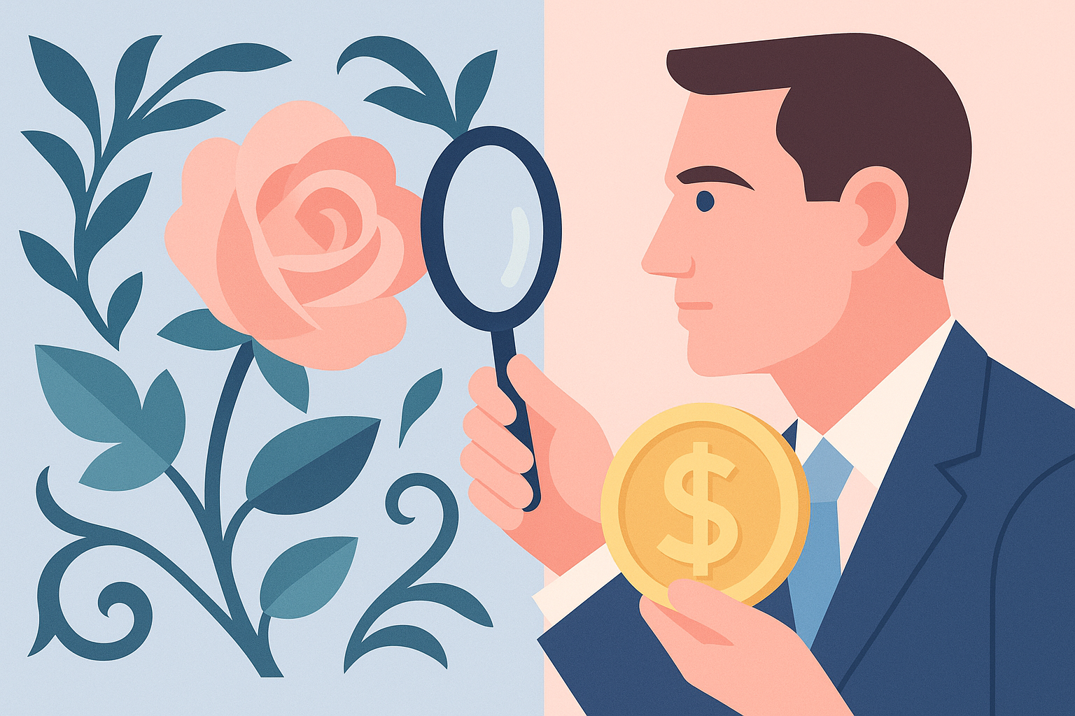 A man examining a rose through a magnifying glass while holding a coin