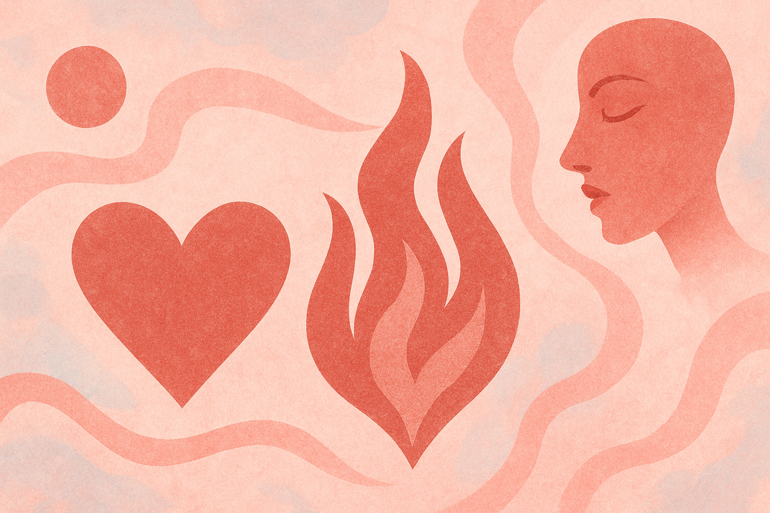 A heart, a flame and a serene face in profile