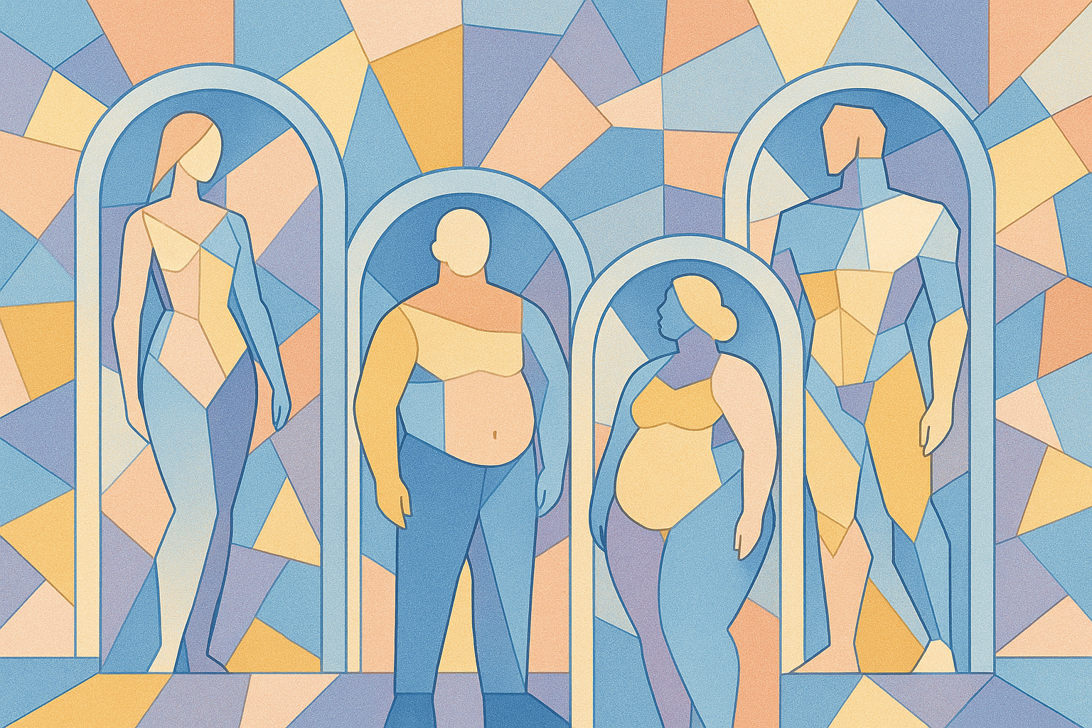 Stained-glass figures of different bodies, side by side