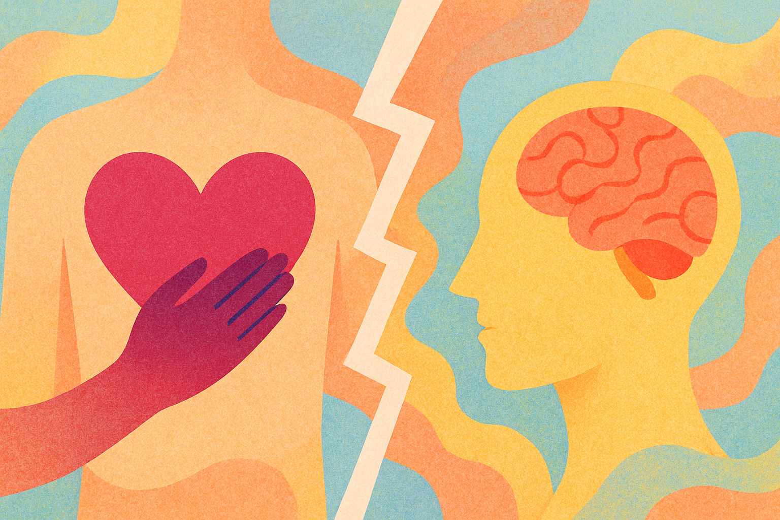 A heart and a brain divided by a lightning bolt — emotion versus cognition