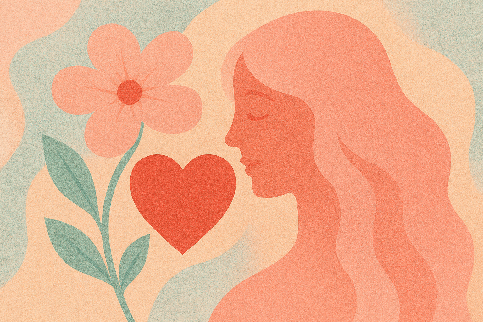A woman in profile beside a flower and a heart