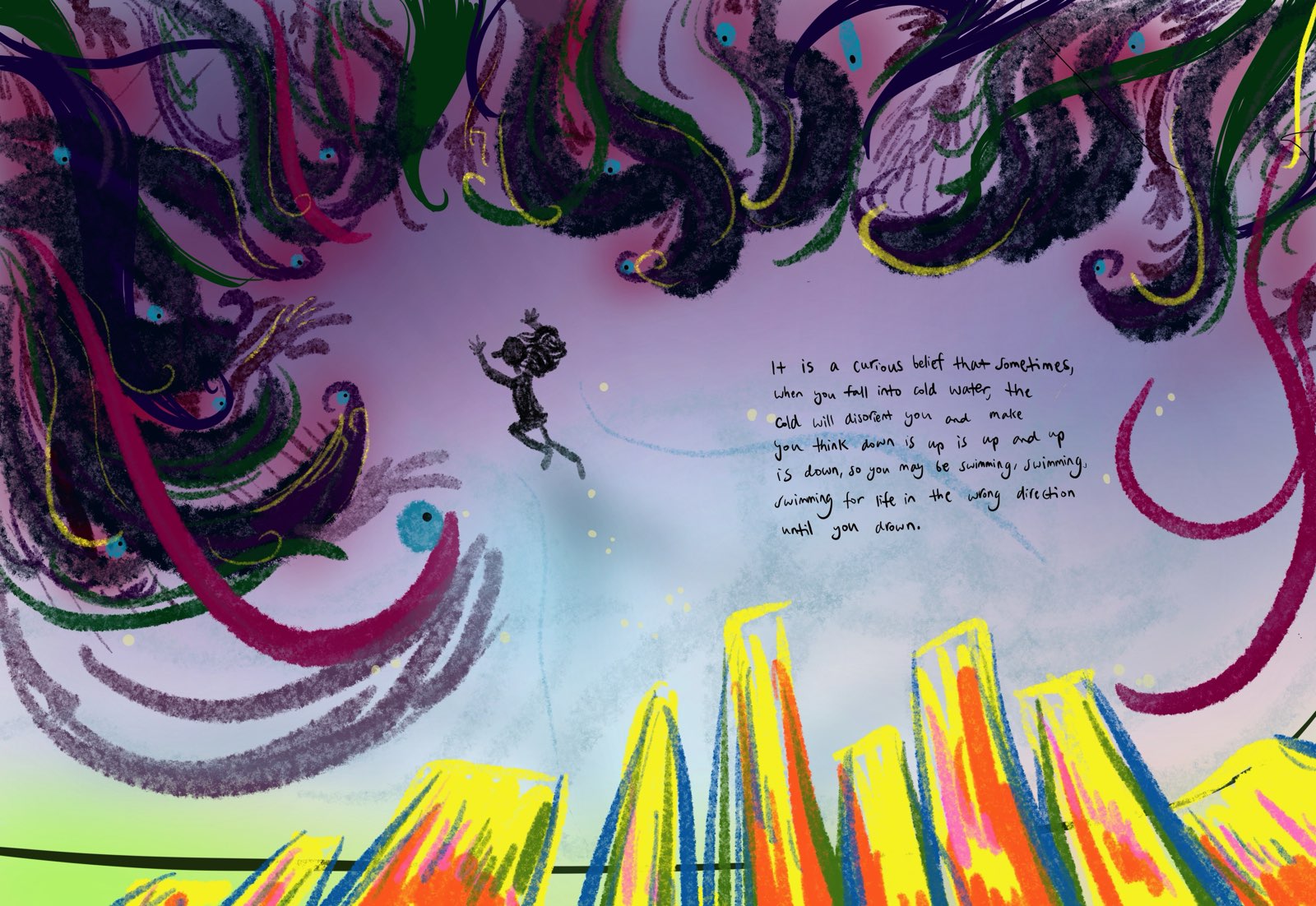 Drowning — a small figure suspended between dark tangled currents above and bright jagged peaks below