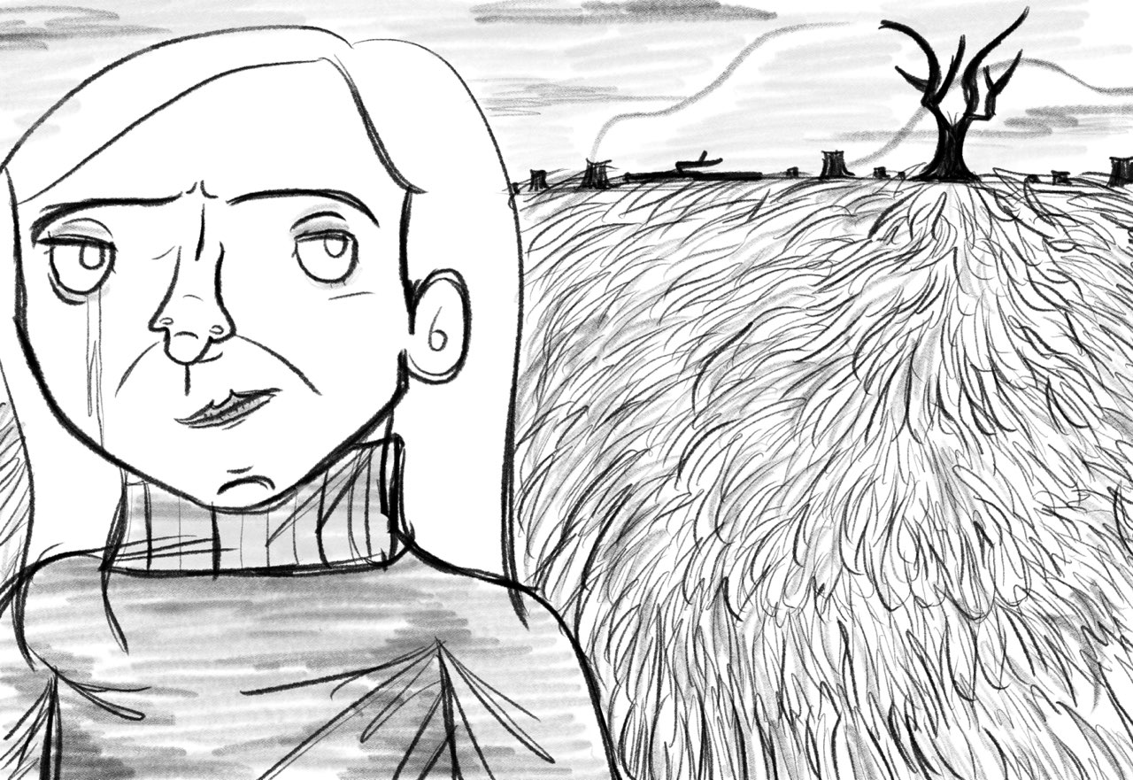 Generation — a tearful face before a harvested field and a single bare tree
