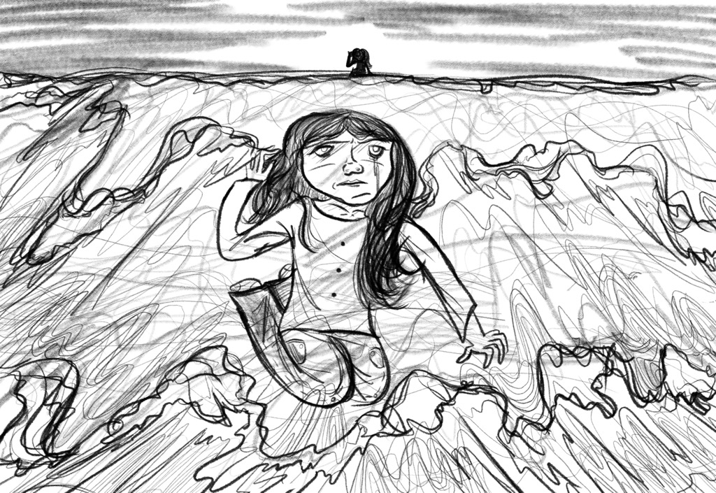 Haunted — a girl wading through swirling waves toward a distant figure on the horizon
