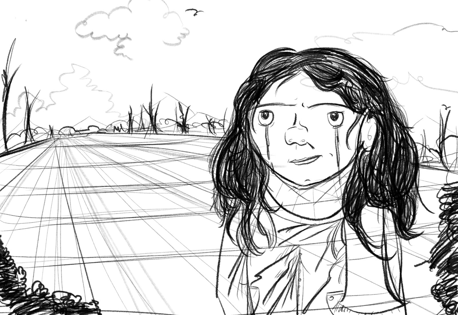 Inevitability — a girl with tear-streaked cheeks beside a long road drawn in perspective lines