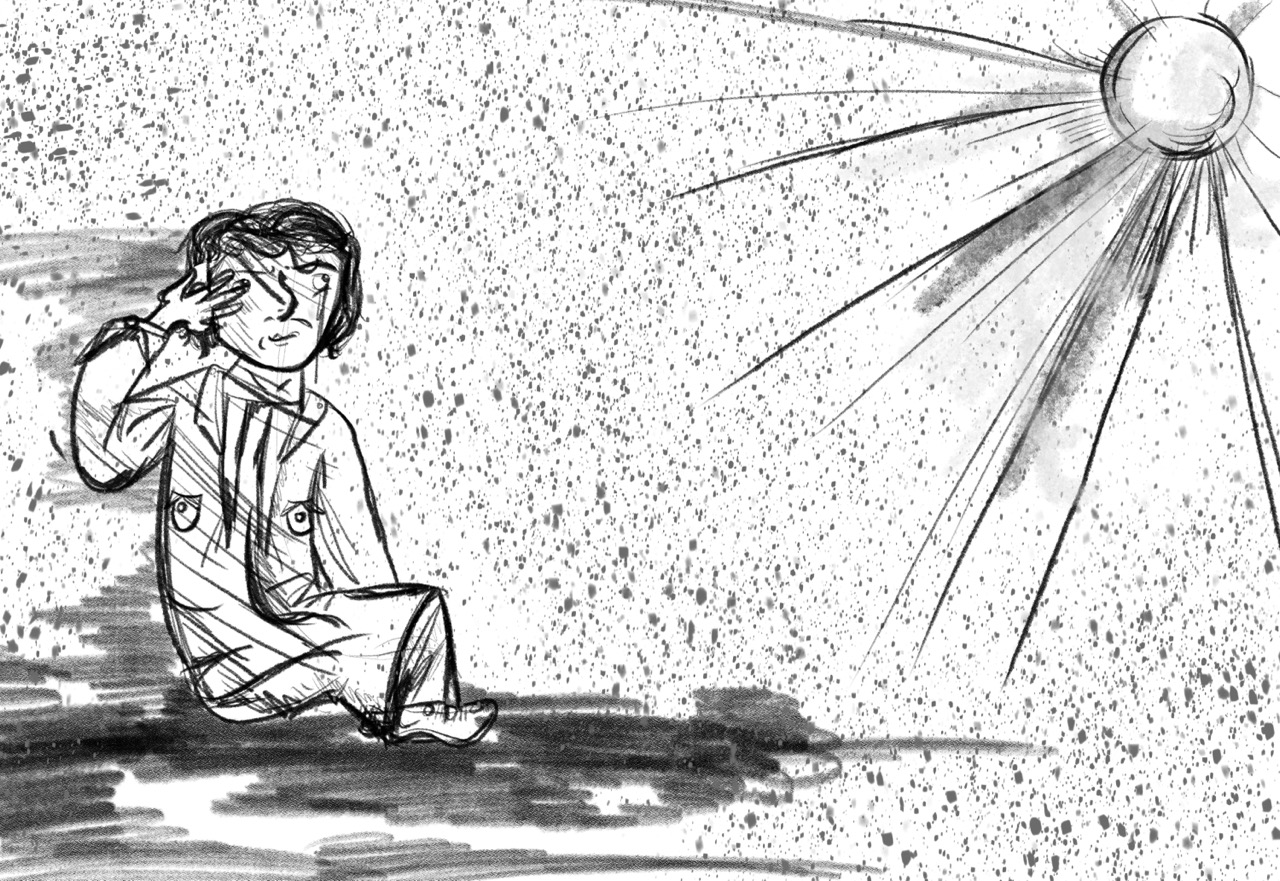 Metamorphosis — a boy sitting in speckled rain, shielding his eyes from a radiating sun