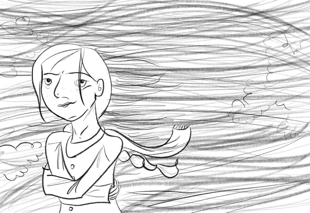 Redemption — a girl with crossed arms, her braid streaming into wind-swept lines
