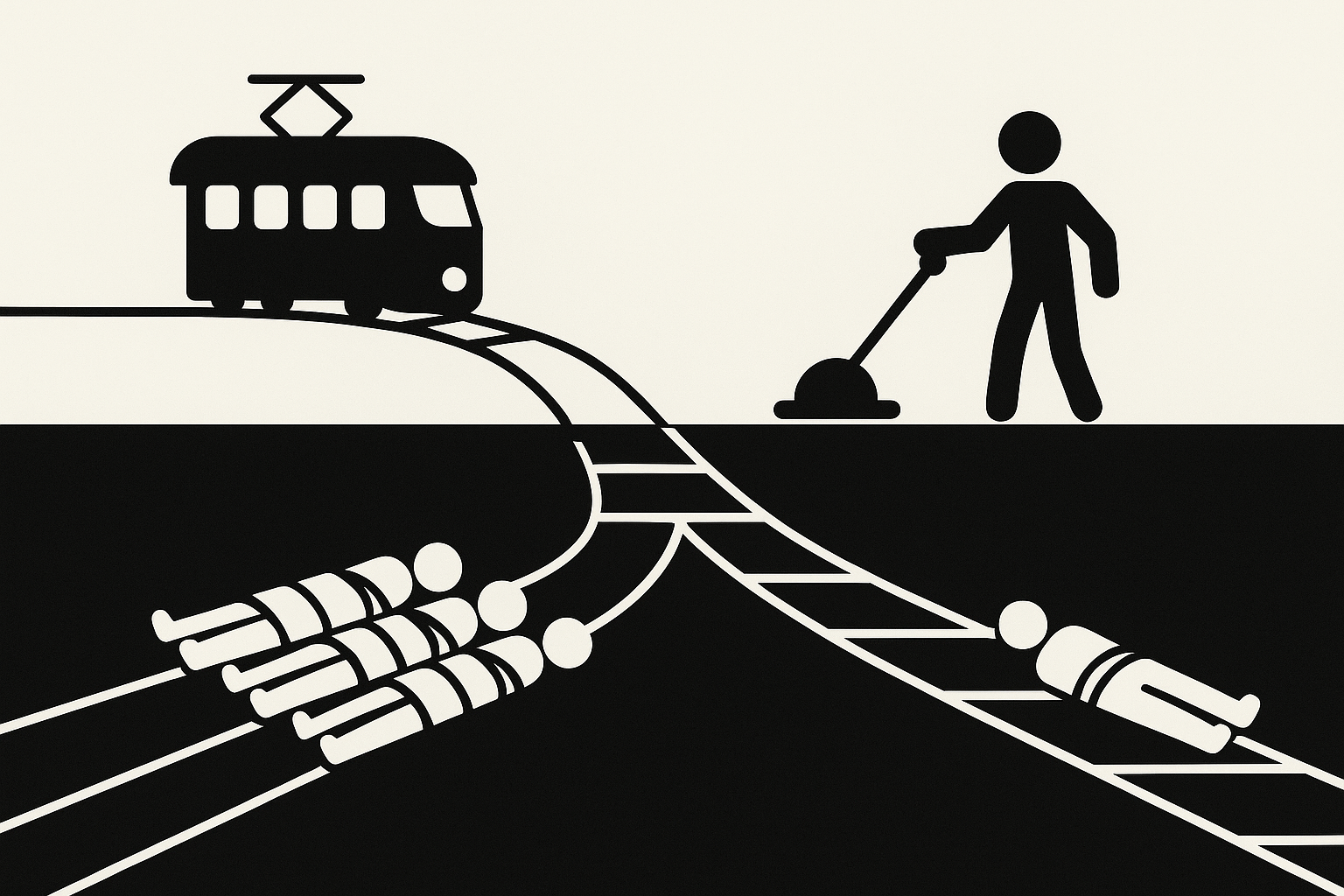 The trolley problem: a tram, the lever, five people tied to one track and one person tied to the other