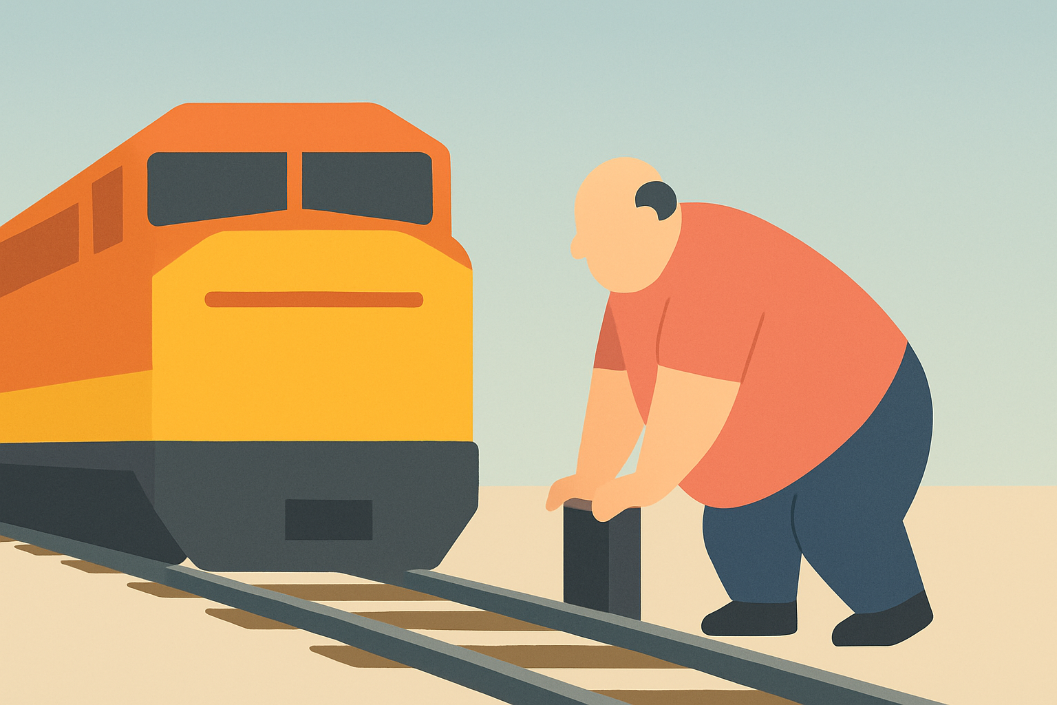 The fat man leaning over the track as the train approaches