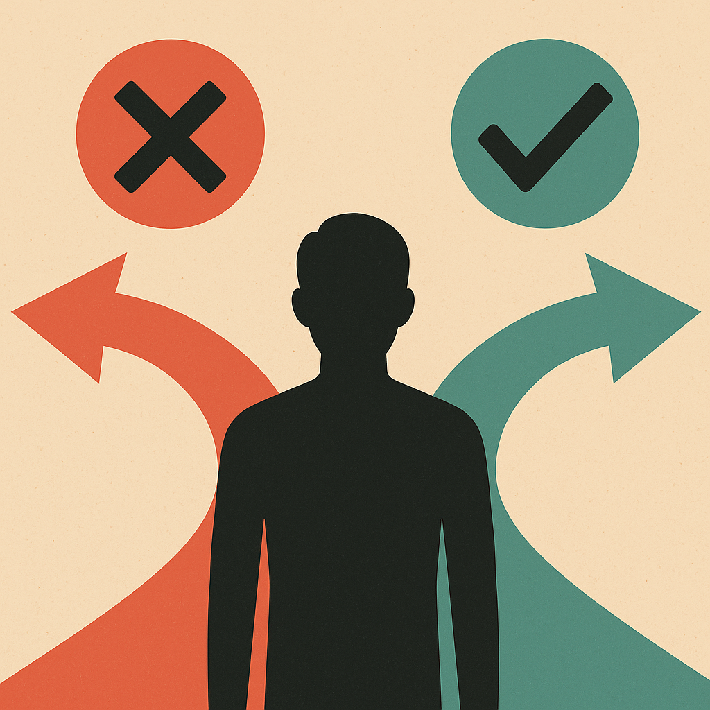 A figure between a red cross and a green check — the choice to betray or stay silent