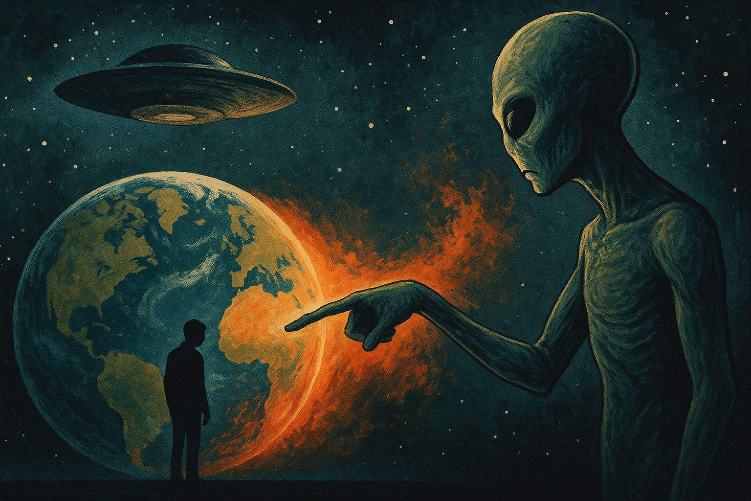 An alien pointing at a burning Earth