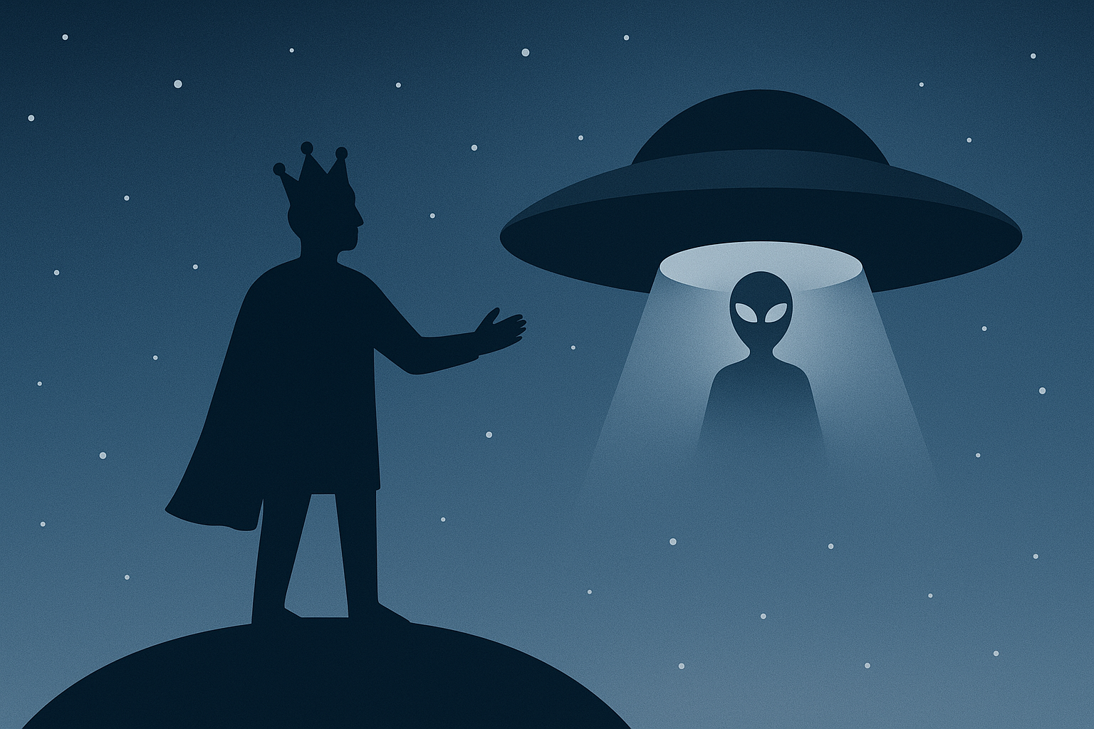 A crowned figure facing a UFO and an alien