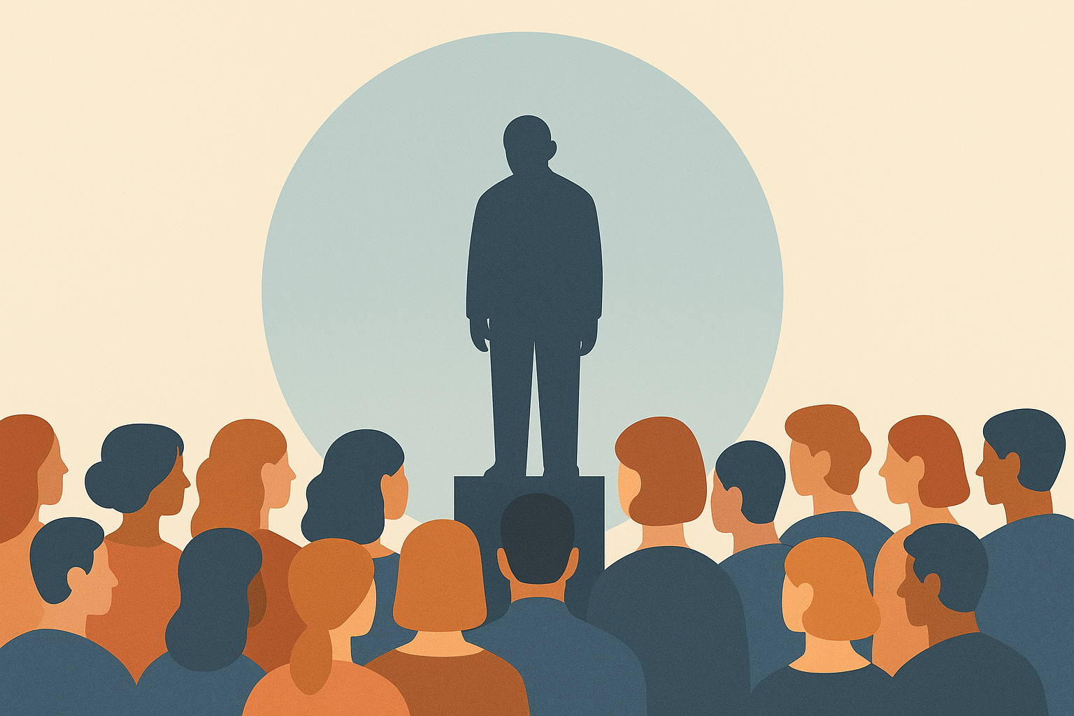 A lone figure on a pedestal above a crowd