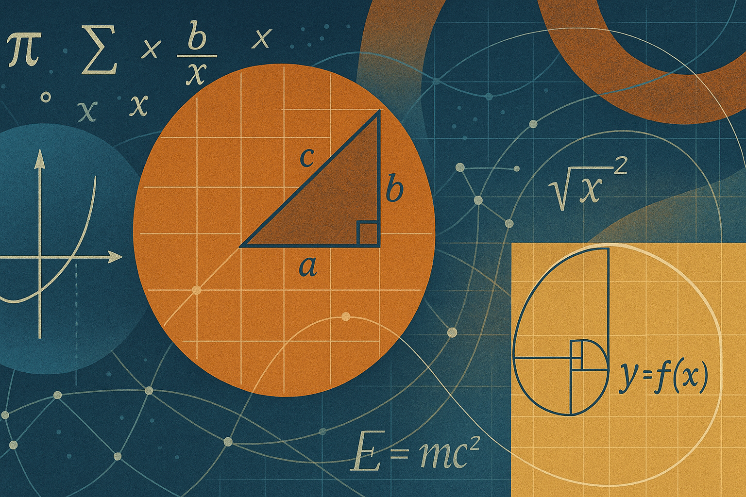 A collage of mathematical symbols: the Pythagorean theorem, a Fibonacci spiral, E=mc² and y=f(x)