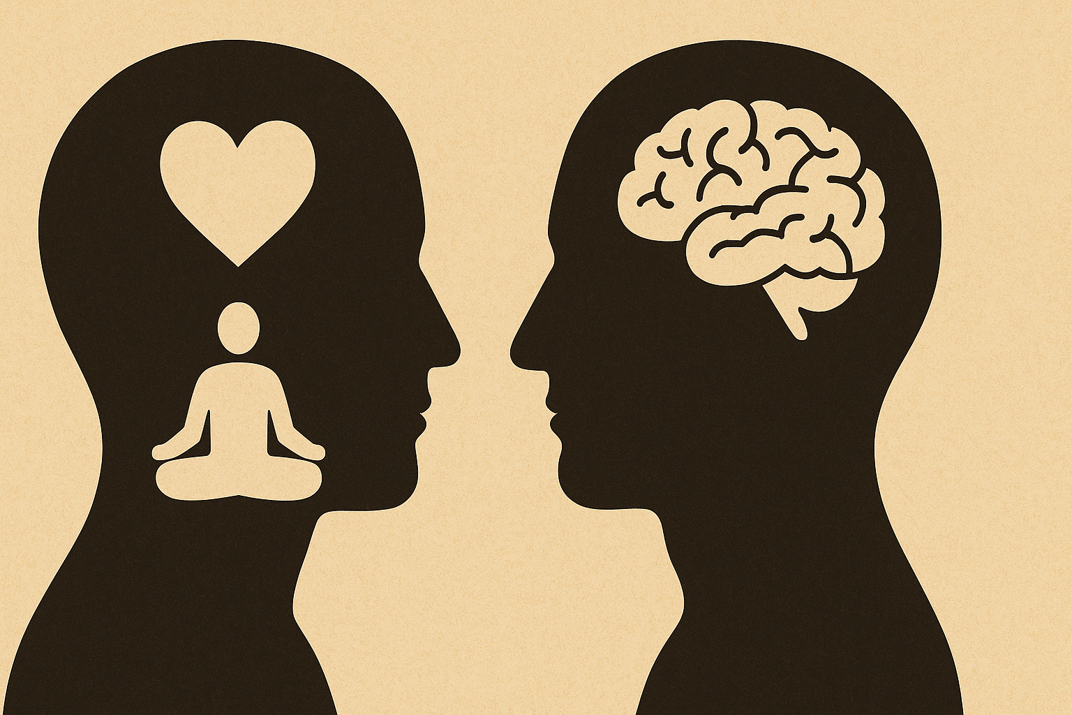 Two facing silhouettes: one holding a heart and a meditating figure, the other a brain