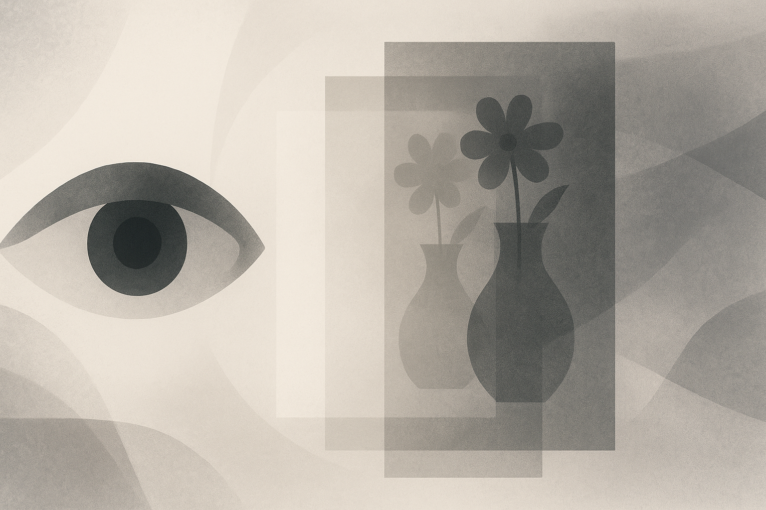 An eye beside a vase of flowers, rendered in grayscale