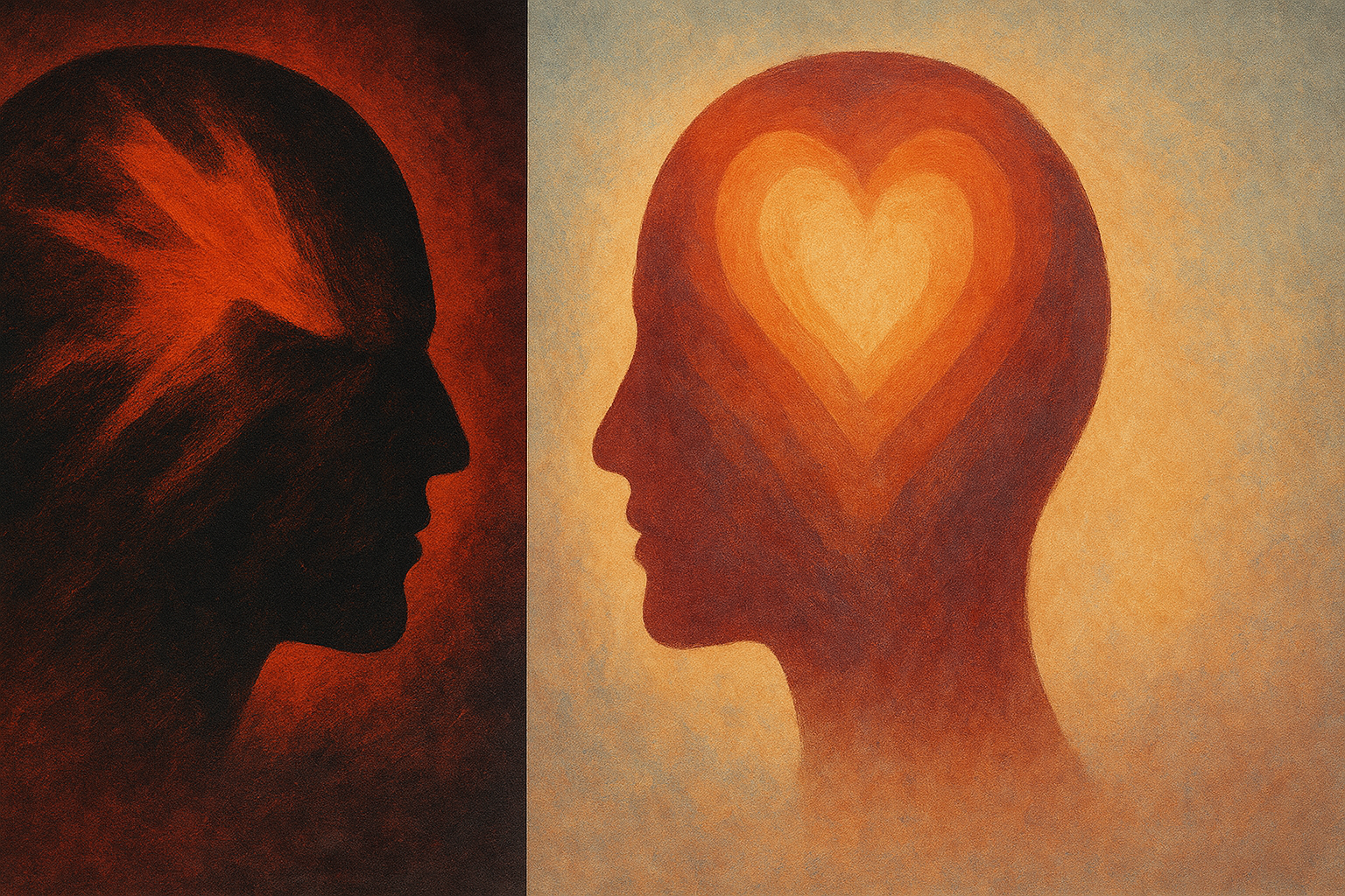 Two profiles side by side: one shadowed in fire, one glowing with a heart