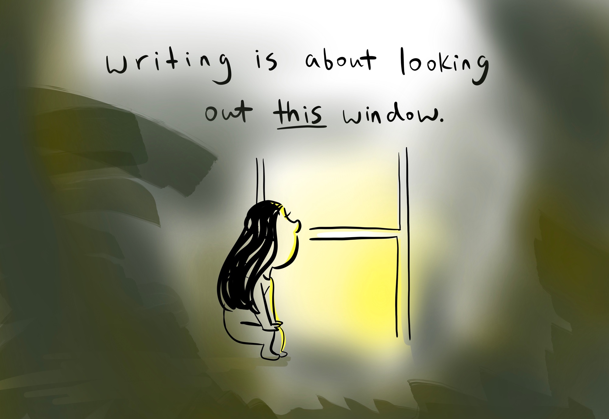 writing is about looking out this window. — a girl gazing into a glowing window