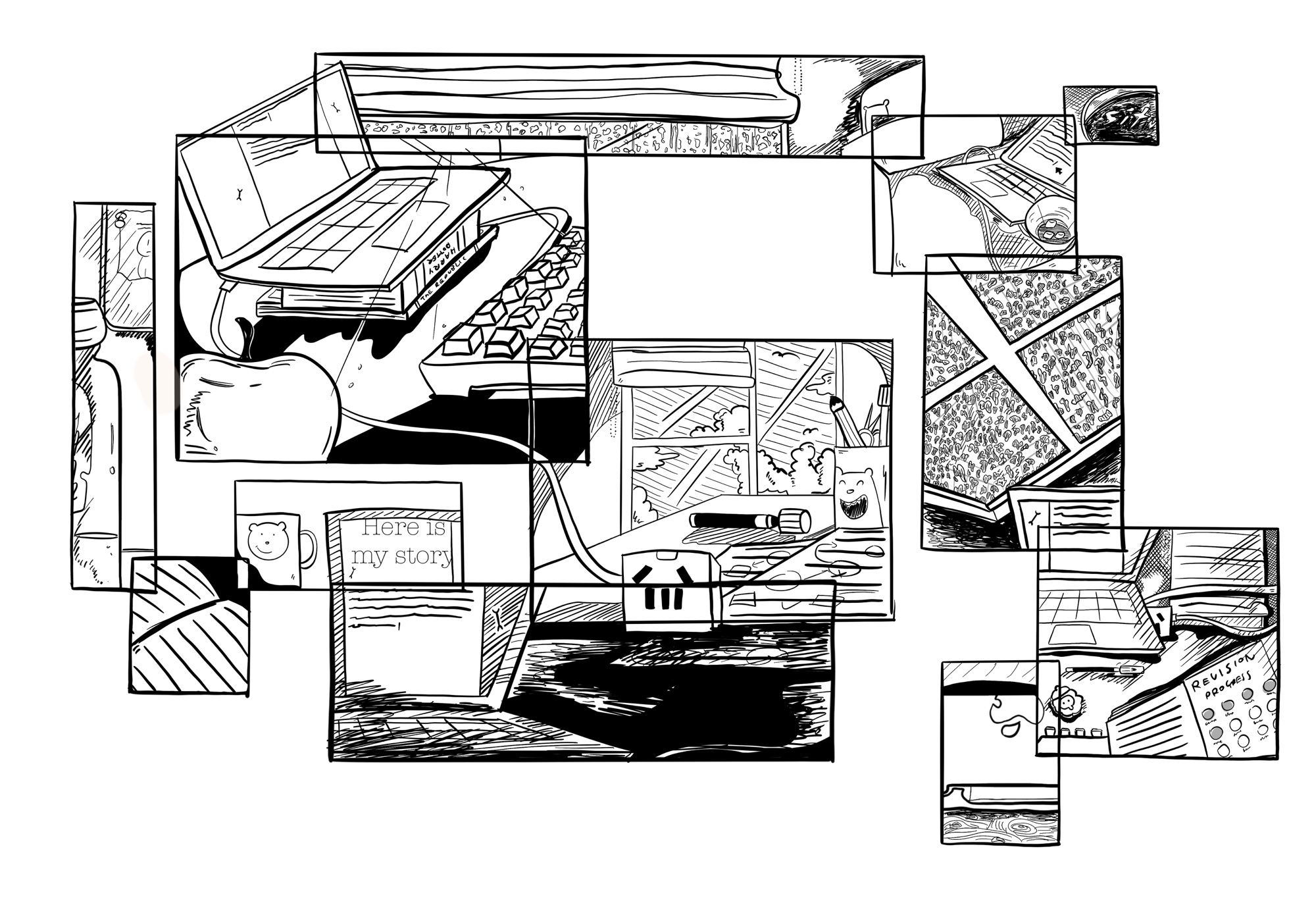 Here is my story — a black-and-white collage of desk scenes, drafts and late nights