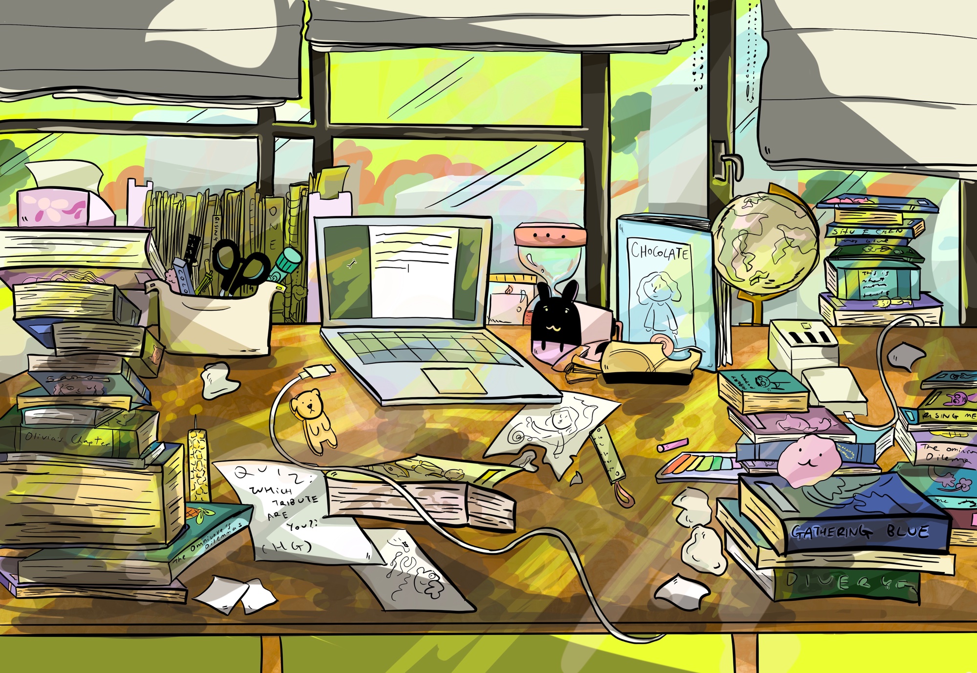The writer’s desk in full color — books, laptop, globe, and scattered notes in the sun