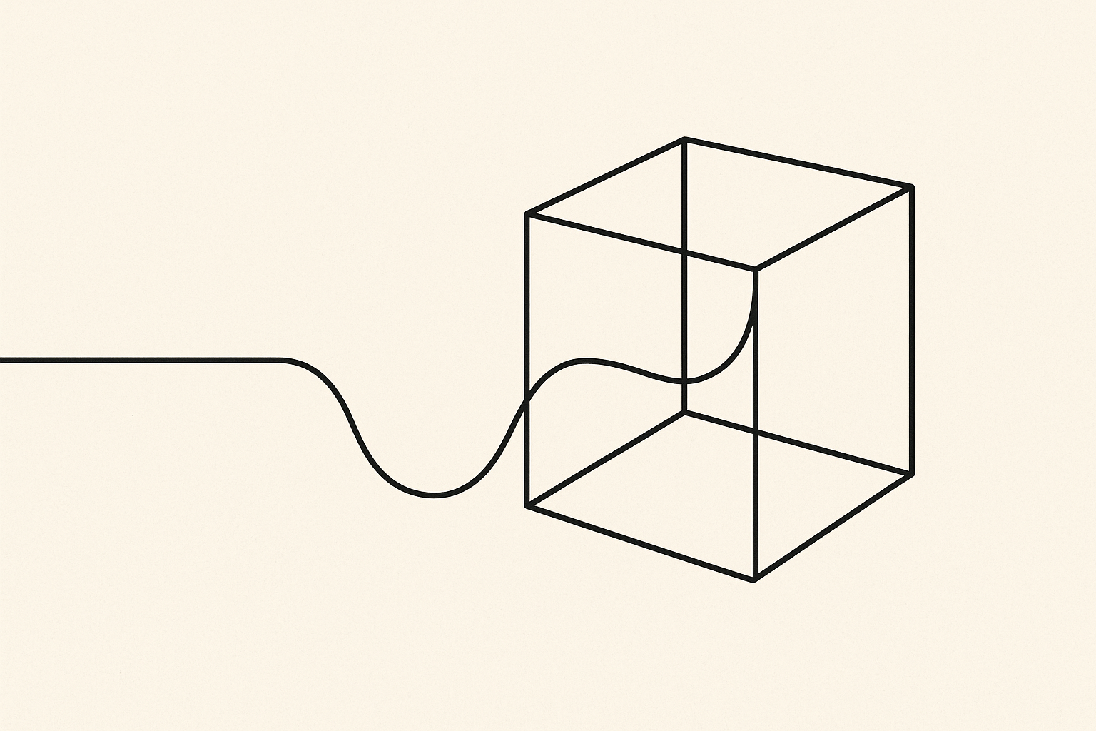 A single line flowing into a cube — time as the line, space as the form