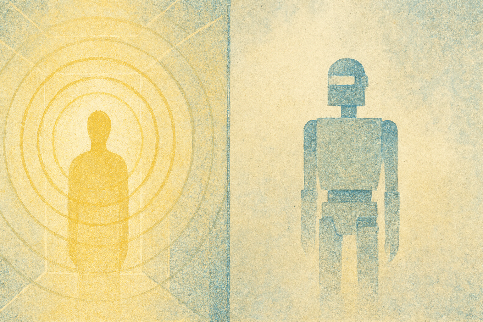 A glowing figure aware of the space around it, beside a robot that perceives nothing